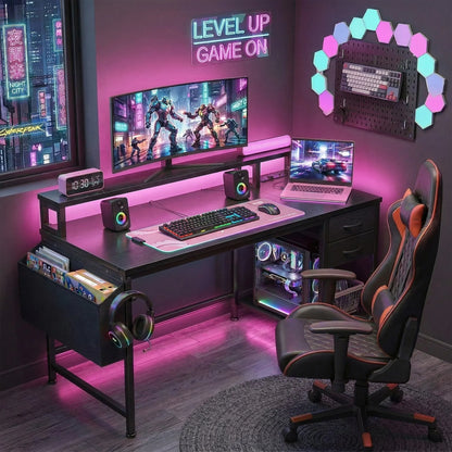 40" Home Office Desk with Power Outlets & LED Strip and Monitor Stand Computer Desk With Drawers & Storage Bag for Small Space