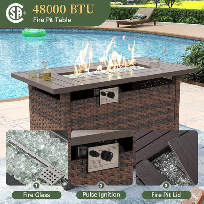 8 Piece Patio Furniture Set with 44” Fire Pit Table Wicker Rattan Outdoor Sectional Sofa Set with Coffee Table