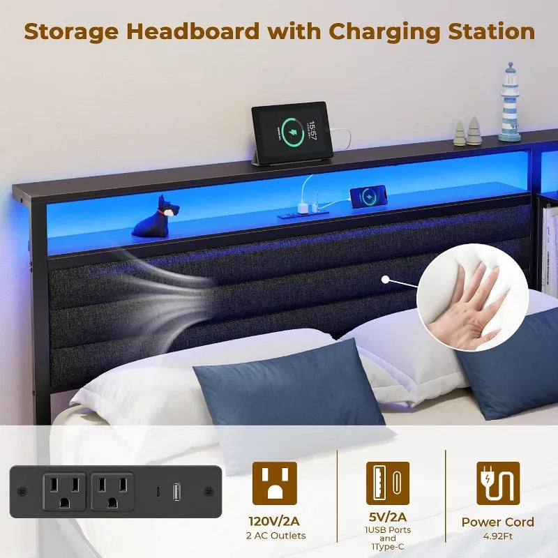 Corner Bed Frame with 3 Storage Drawers, LED Lights & Charging stations