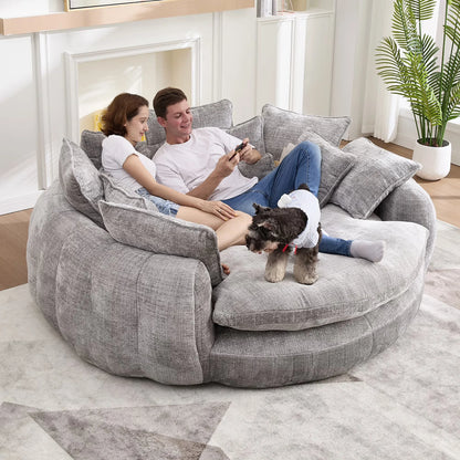 Oversized Round Chaise Lounge Chair with 14 Pillows, Modern Chenille Boneless Couch, Memory Foam