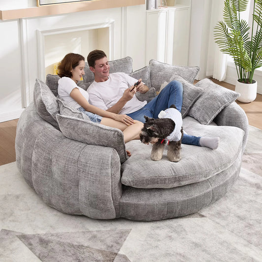 Oversized Round Chaise Lounge Chair with 14 Pillows, Modern Chenille Boneless Couch, Memory Foam