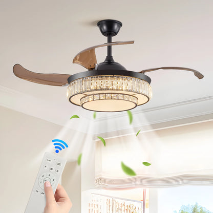 Luxurious Crystal Ceiling Fan Light,  Remote Control Folding Fan Light with Timer Function, Adjustable Color Lighting