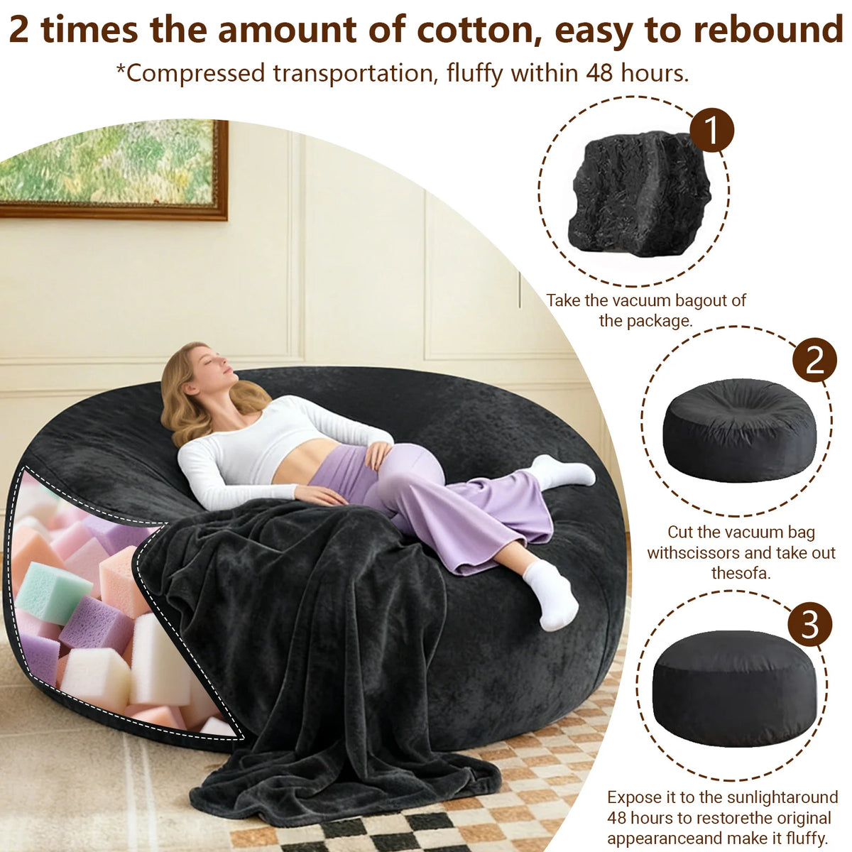 Adult beanbag chair with padded beanbag inside, memory foam chair, soft flannel washable cover, ideal reading seat for bedrooms and dorms.
