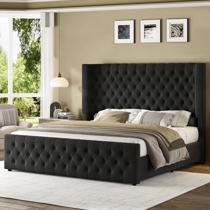 King Size Platform Bed Frame, 6.3” Thick Upholstered Curved Wingback Headboard and Footboard with Deep Button Tufted