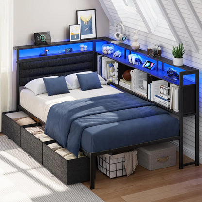Corner Bed Frame with 3 Storage Drawers, LED Lights & Charging stations