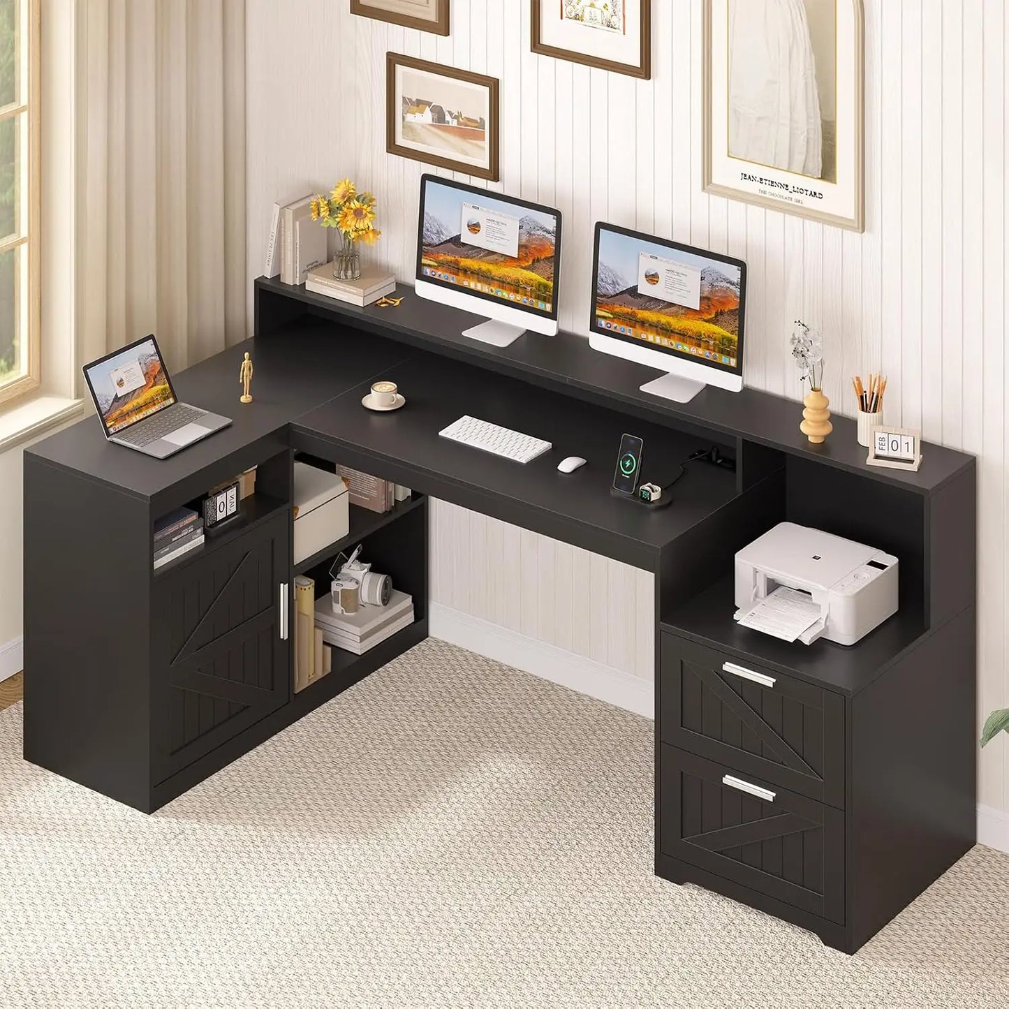 62.2" Farmhouse L Shaped Home Office Desk, Drawers, Storage Shelves & Power Outlet