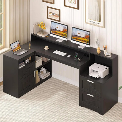 62.2" Farmhouse L Shaped Home Office Desk, Drawers, Storage Shelves & Power Outlet