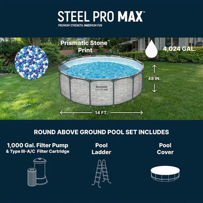 Bestway Steel Pro MAX 14' x 48" Above Ground Pool, Round Metal Frame Outdoor Swimming Pool Set with Filter Pump,