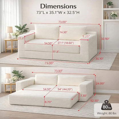 73" Convertible Sleeper Sofa, Comfy Corduroy Foldable Sofa Bed with 2 Pillows, Floor Sofa Lounge Couch