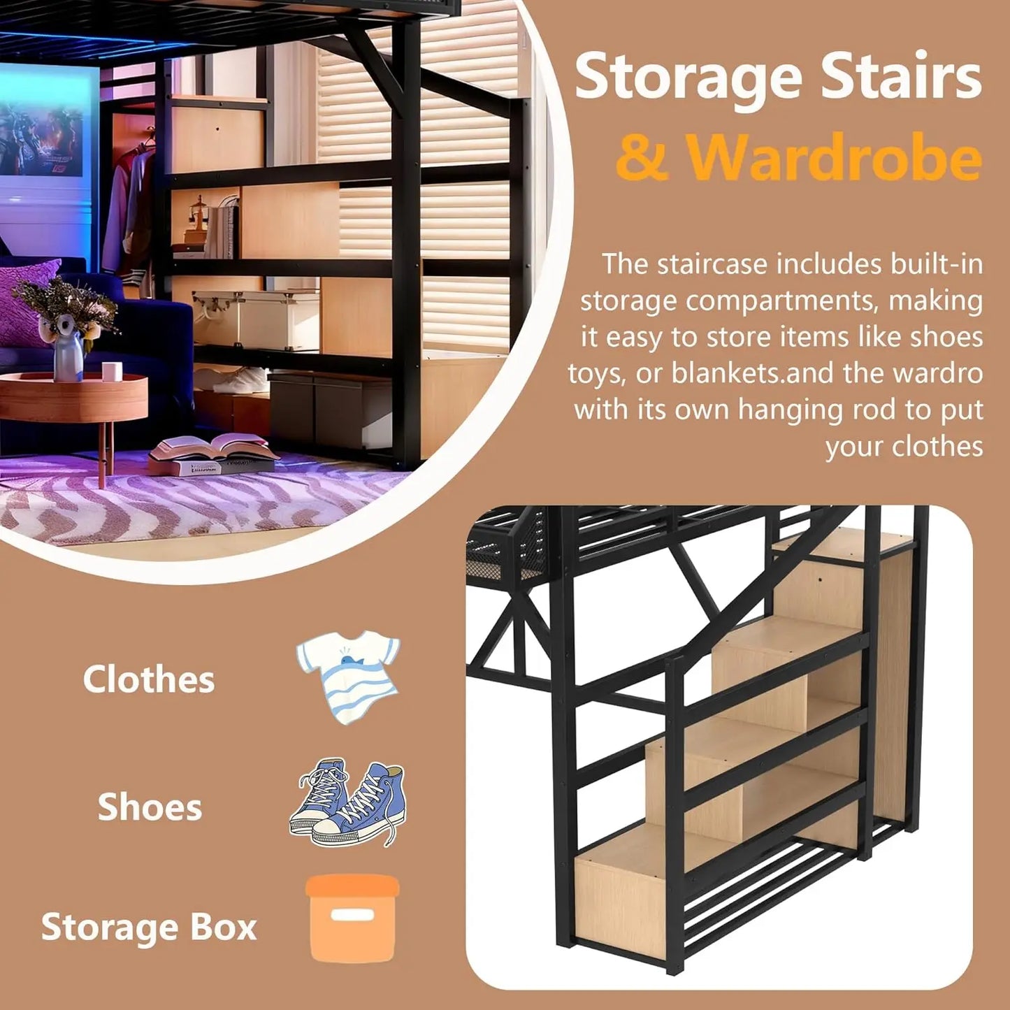Queen Loft Bed with Storage Stairs Shelves with Wardrobe LED Lights made of  Natural Wood,