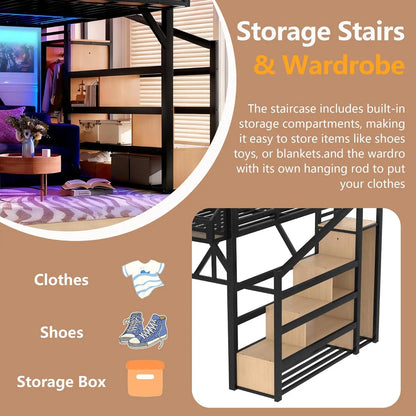 Queen Loft Bed with Storage Stairs Shelves with Wardrobe LED Lights made of  Natural Wood,