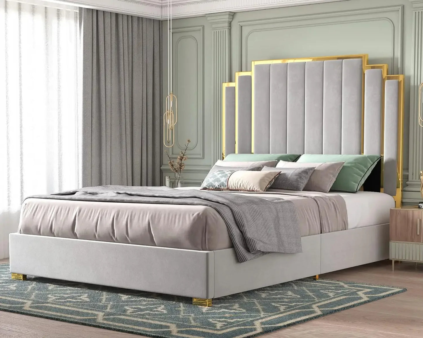 King Size Bed Frame, Upholstered  with Golden Plating Trim,