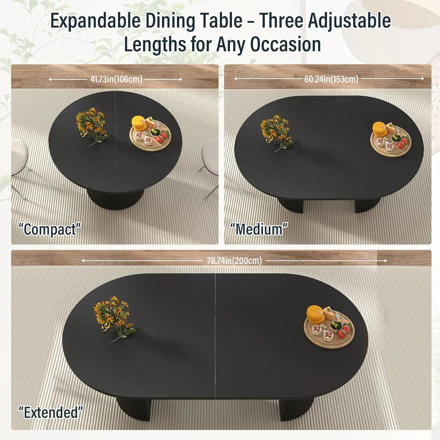 Round Fluted Base Modern Oval Expandable Kitchen Dining Table ,41-78in Seats 4-8