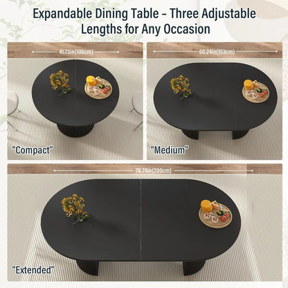 Round Fluted Base Modern Oval Expandable Kitchen Dining Table ,41-78in Seats 4-8