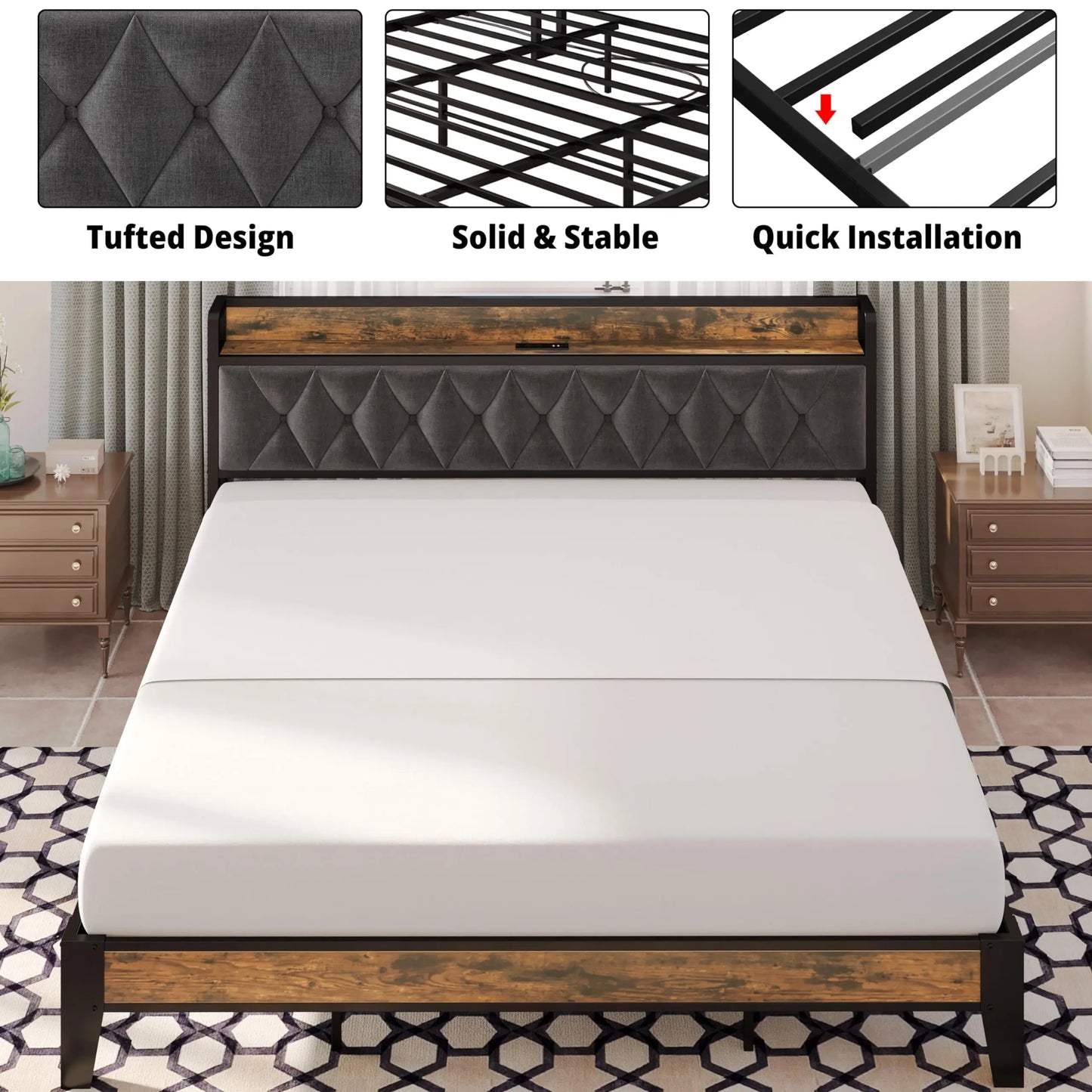 Twin/TwinXL/Full/Queen/King/California King Bed Frames, Storage Headboard with Outlets,  No Box Springs Needed