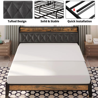 Twin/TwinXL/Full/Queen/King/California King Bed Frames, Storage Headboard with Outlets,  No Box Springs Needed