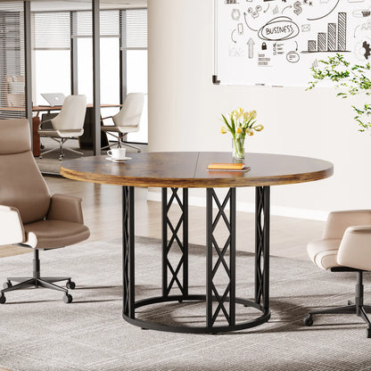 Round Dining Table, 46-Inch(118cm)Wood Kitchen Table with Sturdy Metal Base for 4-6 People,Rustic Brown