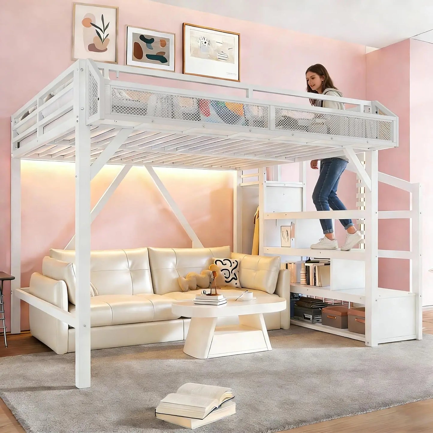 Queen Loft Bed with Storage Stairs Shelves with Wardrobe LED Lights made of  Natural Wood,