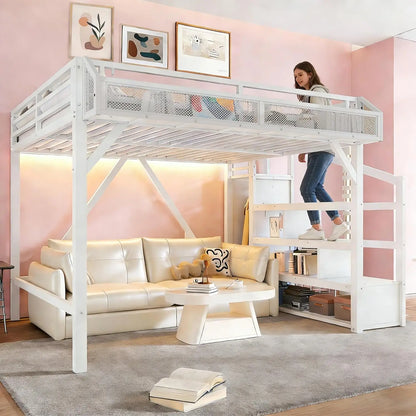 Queen Loft Bed with Storage Stairs Shelves with Wardrobe LED Lights made of  Natural Wood,