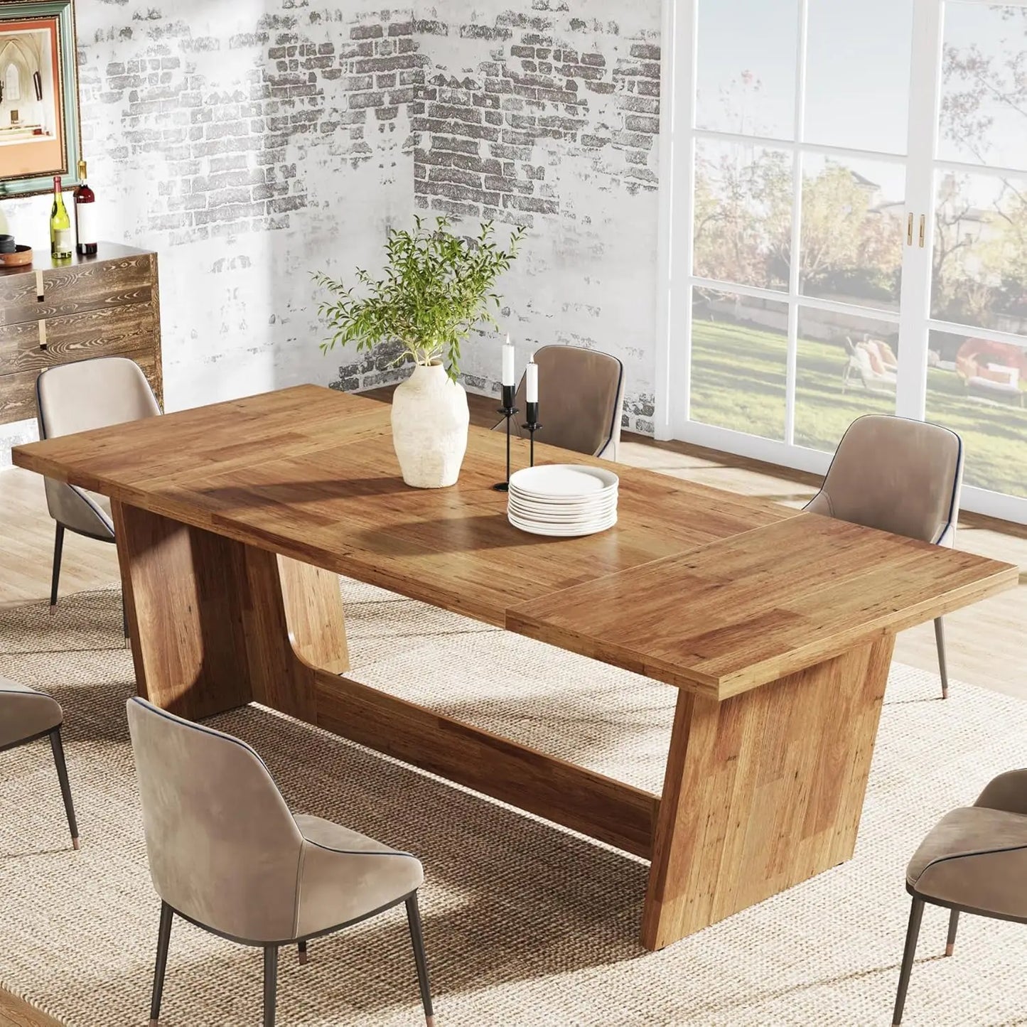 Rectangular Rustic Long  Farmhouse Kitchen Table with Solid Pedestal for Big Family