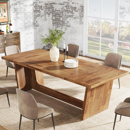 Rectangular Rustic Long  Farmhouse Kitchen Table with Solid Pedestal for Big Family