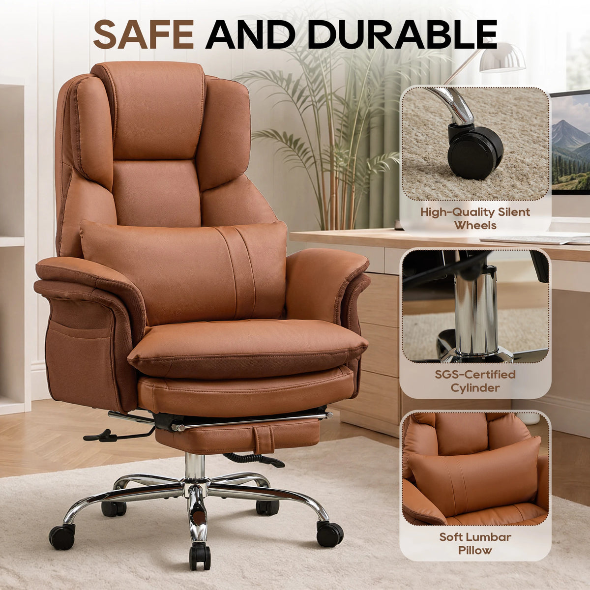 Big and Tall Executive Office Chair, Ergonomic Computer Desk Chair with Adjustable Backrest, Flip Armrests & Footrest for Home & Office
