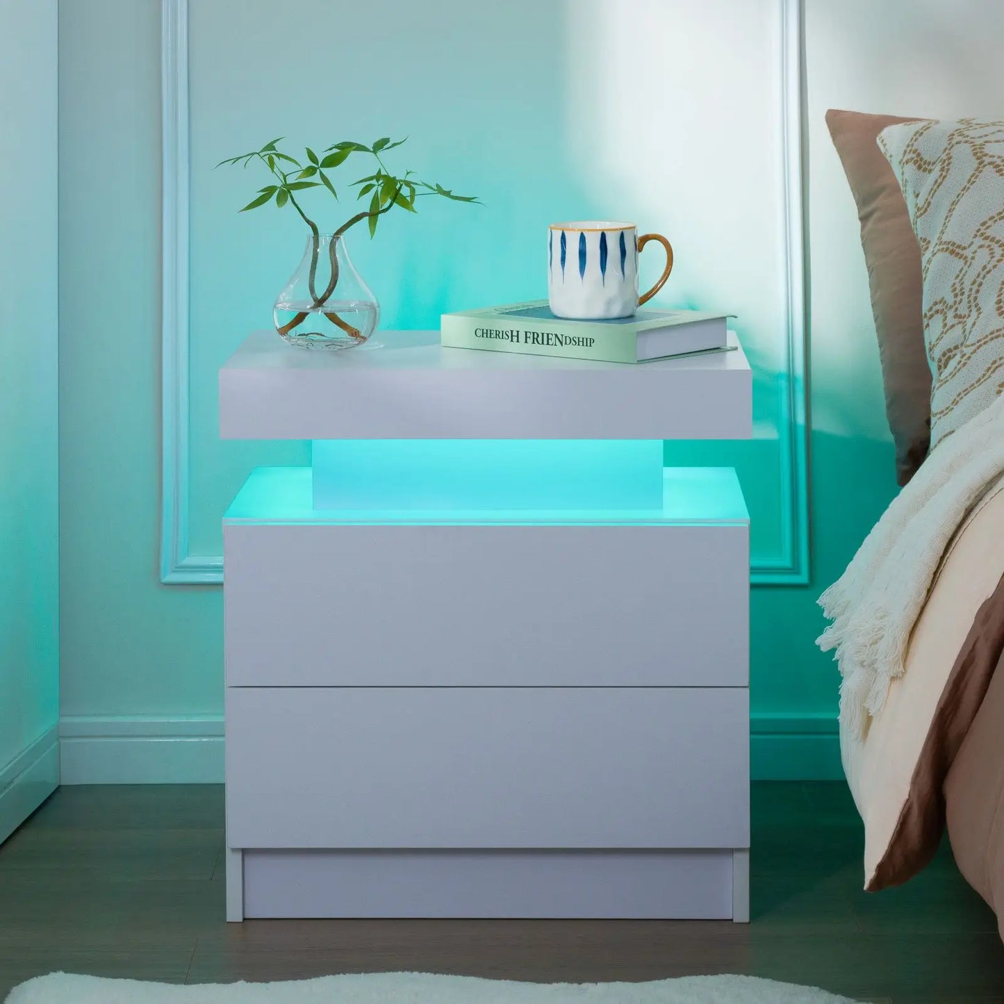 LED Night Stand with 2 Drawers for Bedroom