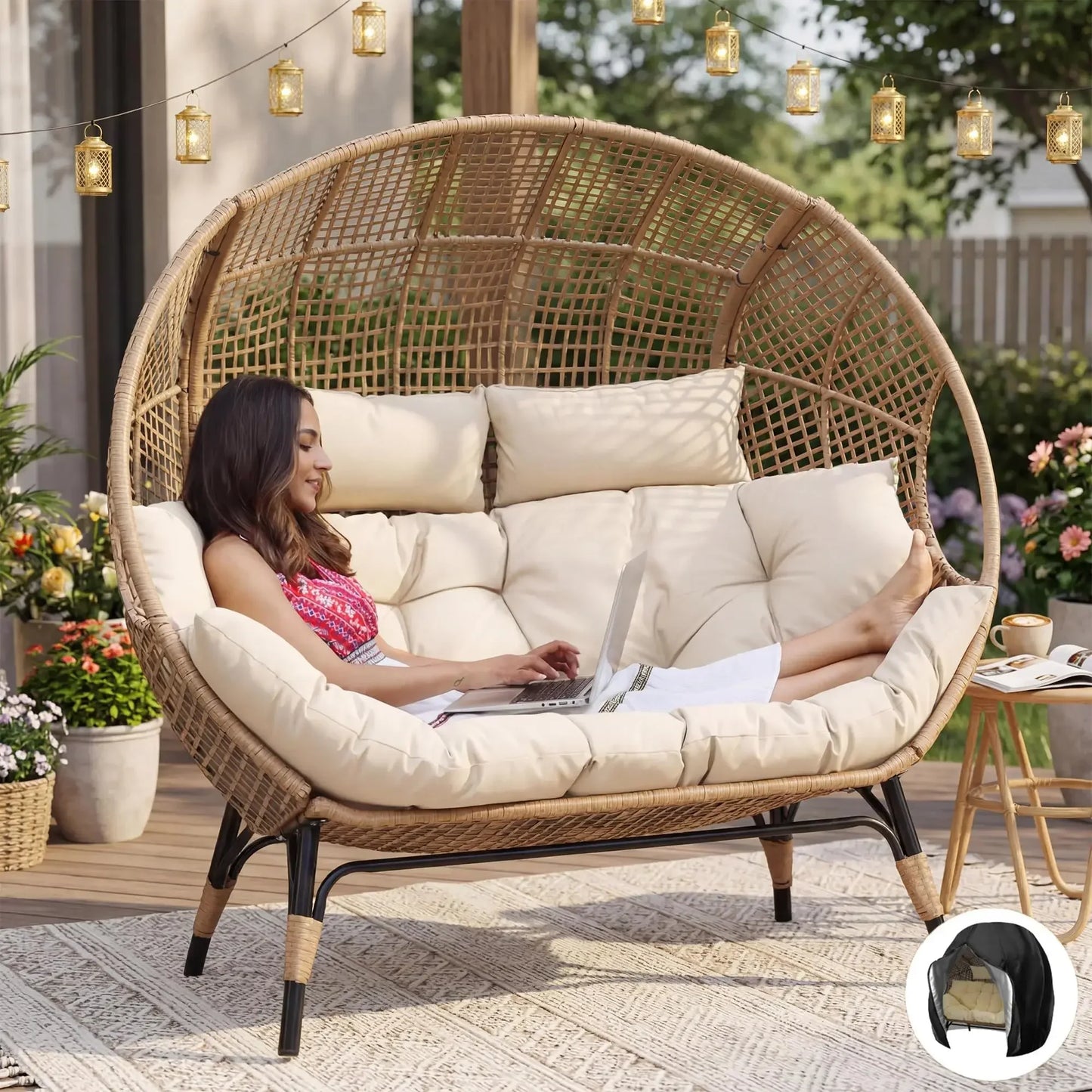 Indoor / Outdoor Stationary Oversized Double Egg Chair   6.5" Thick Padded Cushions, 2 Person Wicker Egg Loveseat Chair