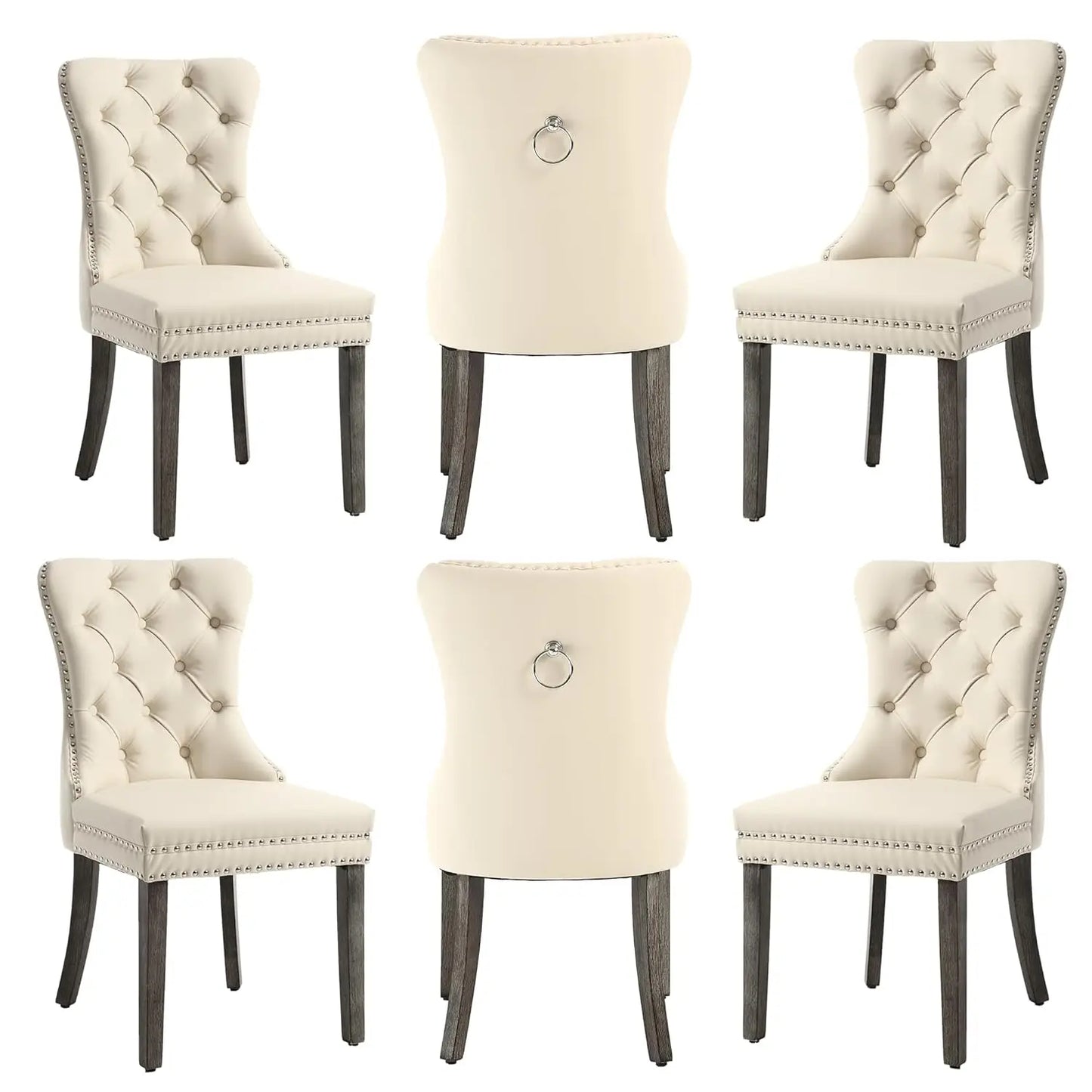 Leather Dining Chairs with Solid Wood Legs and Pull Ring, Luxury, Customized Set of 6