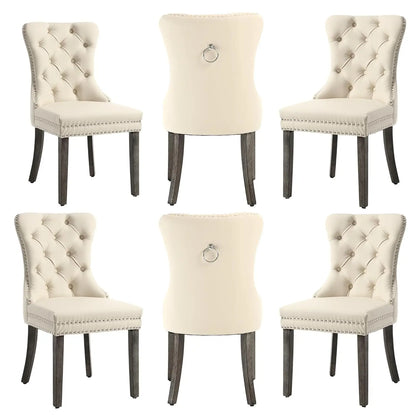 Leather Dining Chairs with Solid Wood Legs and Pull Ring, Luxury, Customized Set of 6