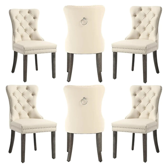 Leather Dining Chairs with Solid Wood Legs and Pull Ring, Luxury, Customized Set of 6