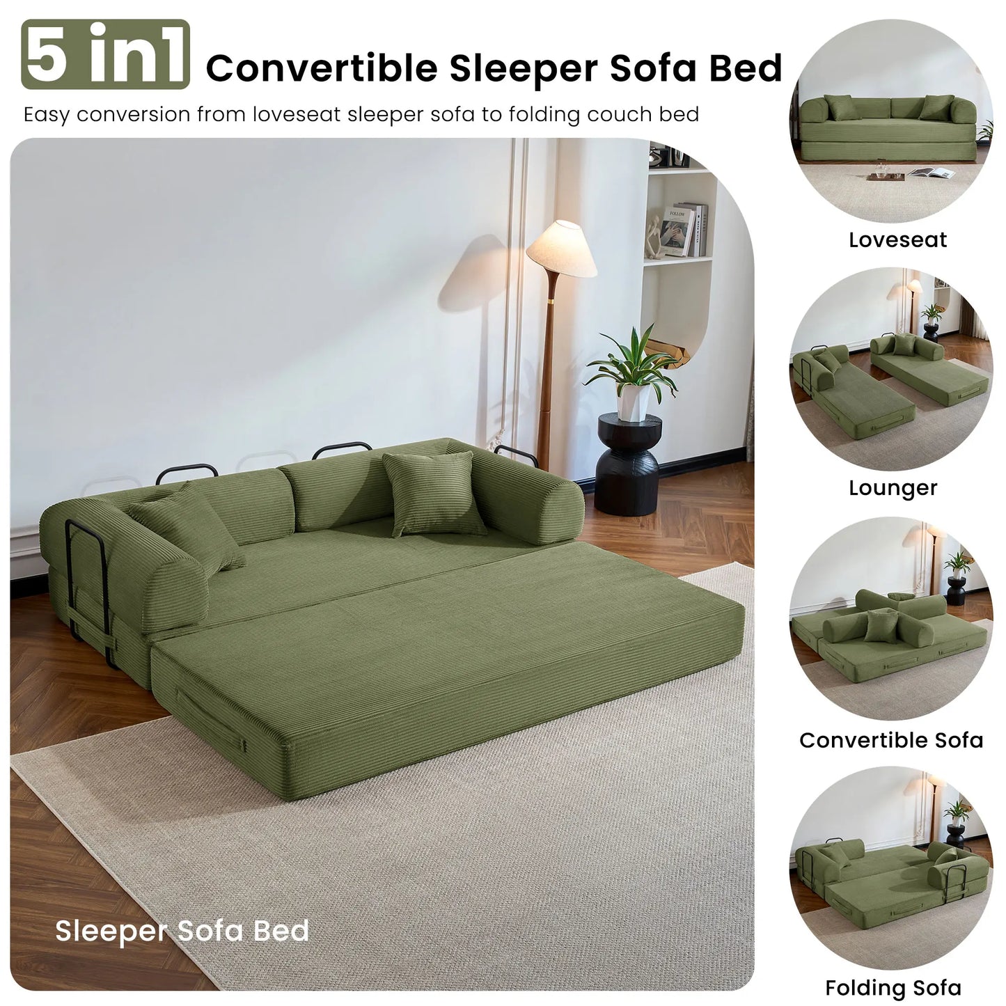 79’’ Folding  Corduroy Upholstered Convertible Sofa Bed  Boneless Couch