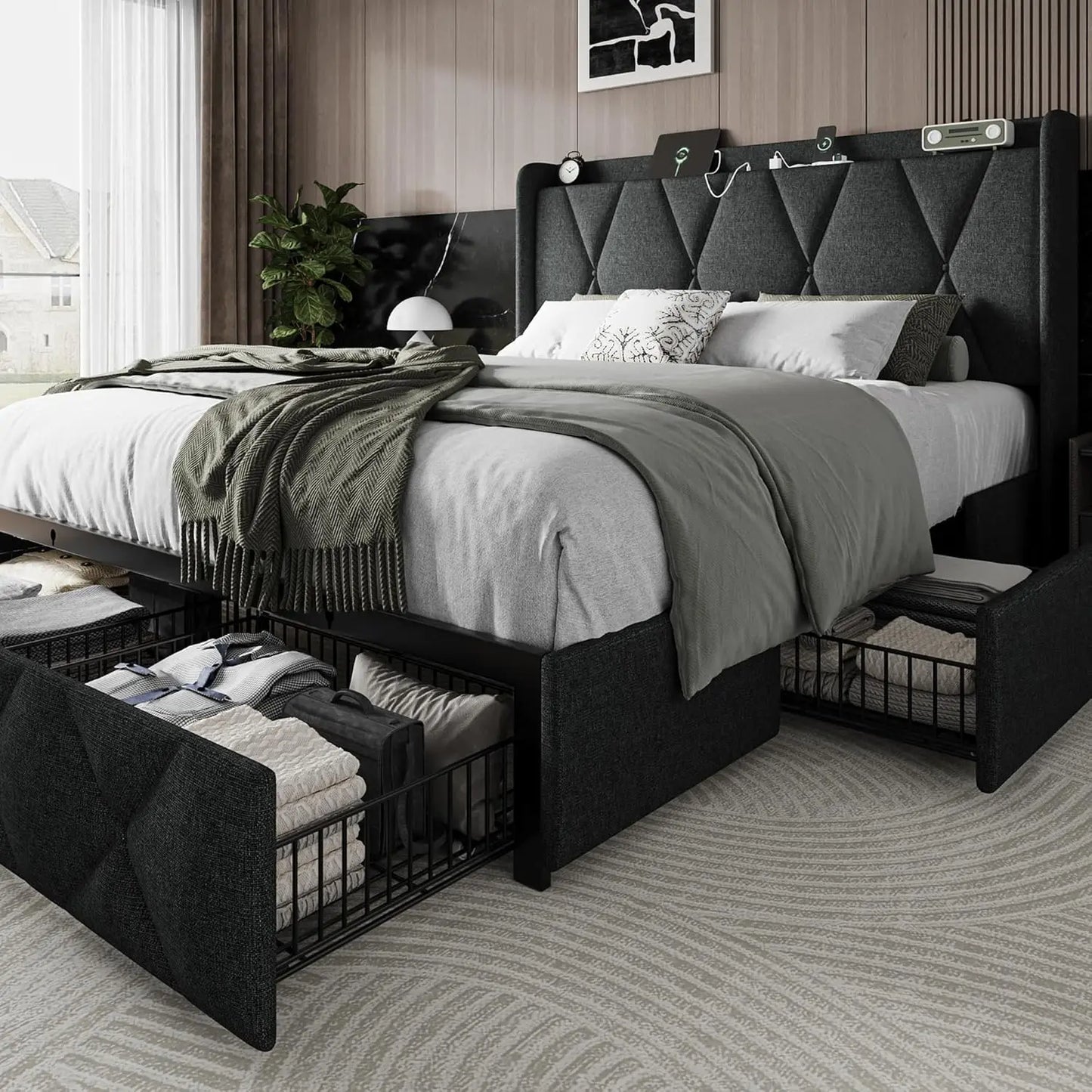 Upholstered Platform Bed Frame Frame with 4 Storage Drawers and Charging Station