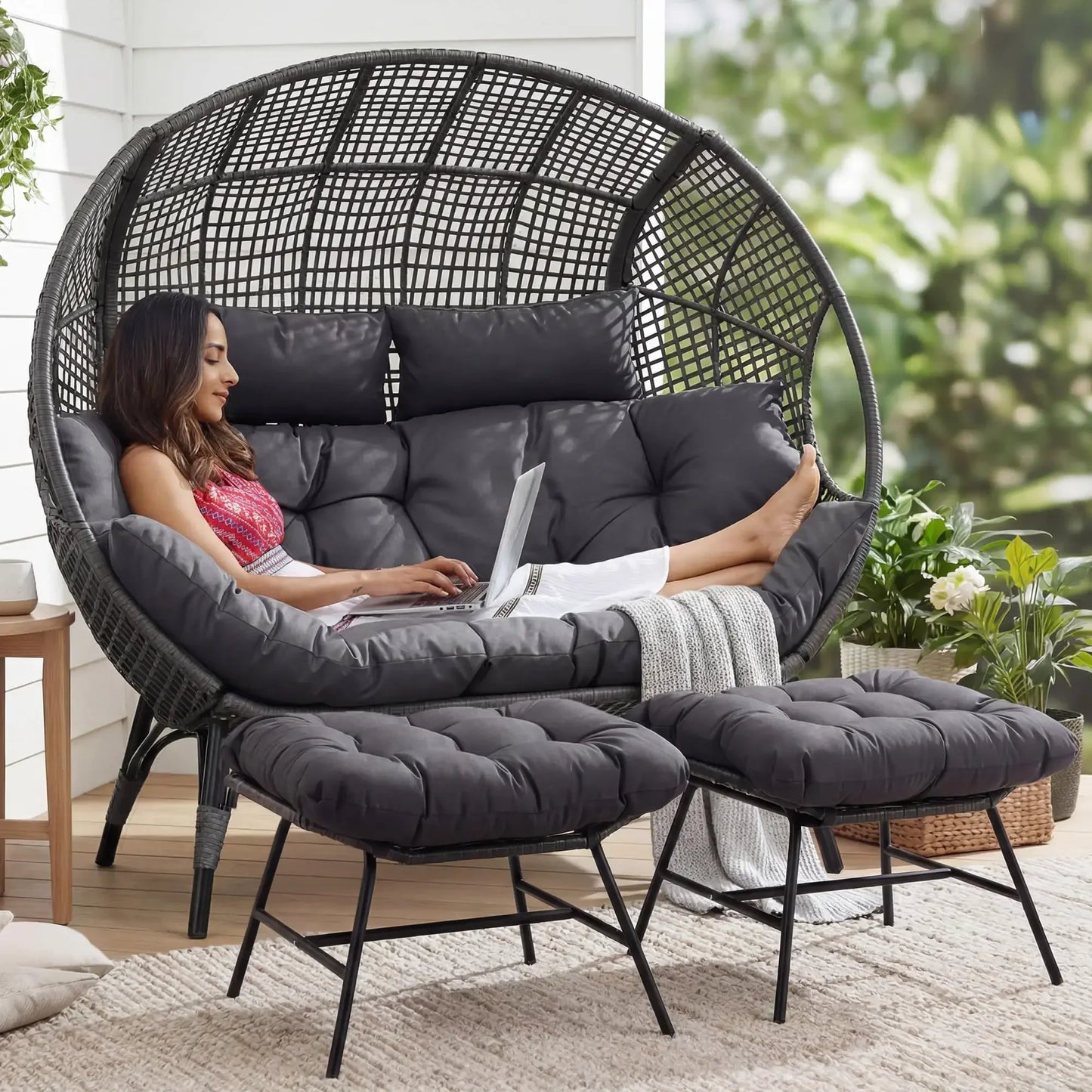 Indoor / Outdoor Stationary Oversized Double Egg Chair   6.5" Thick Padded Cushions, 2 Person Wicker Egg Loveseat Chair