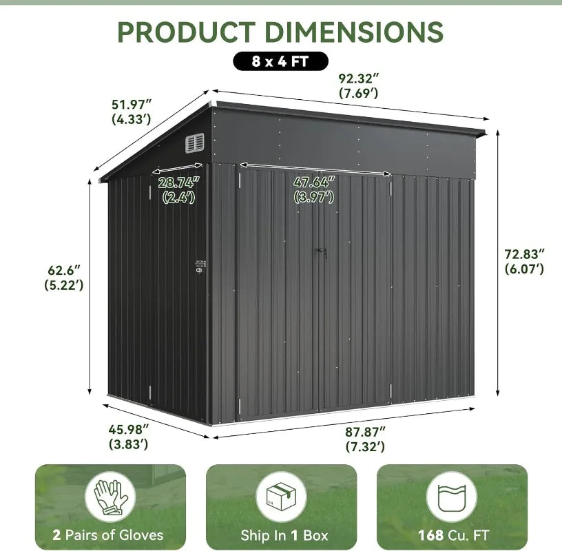 7.5'x4'  Lockable Door Metal Storage Cabinet with Slopping Roof for Tools