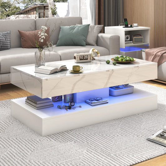 Modern  Coffee Table with LED lights, Double-Layer Design for Living Room Coffee Table with 2 Storage Drawers
