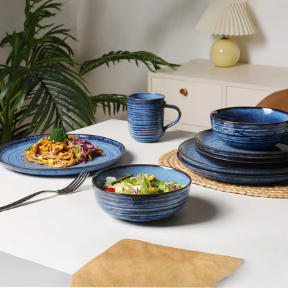 16pcs Blue Threaded Ceramic Dinnerware Set - A Reactive Change Glaze Dish Set Including Plates, Pasta Bowls, Soup Bowls, And Mugs, Serving 4 People, High Quality Stoneware Suitable for Gifting, Valentine's Day, Parties, And W