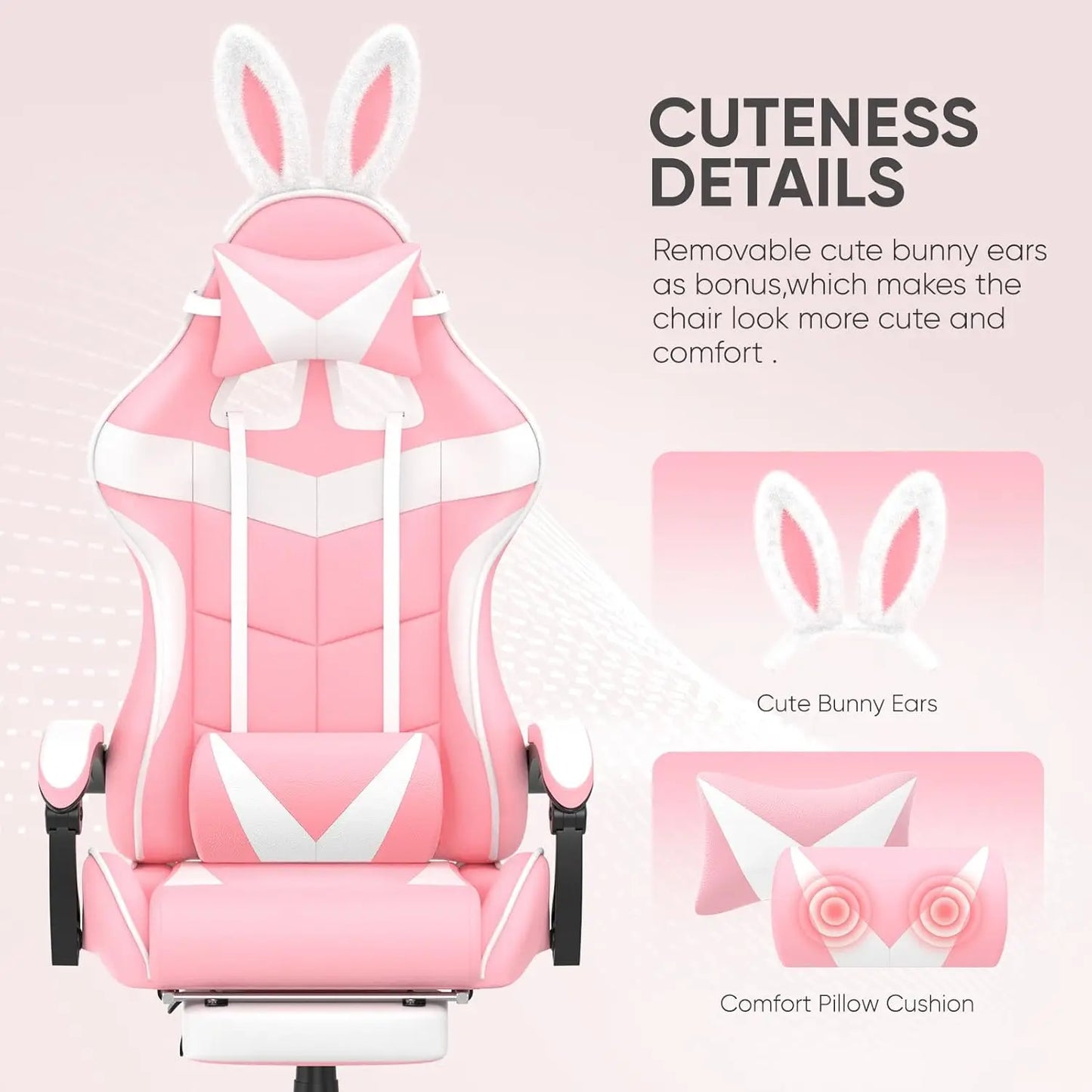 Pink Ergonomic Gaming Chair with Bunny Ears Footrest Headrest Lumbar Support for Home Office