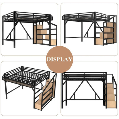 Queen Loft Bed with Storage Stairs Shelves with Wardrobe LED Lights made of  Natural Wood,