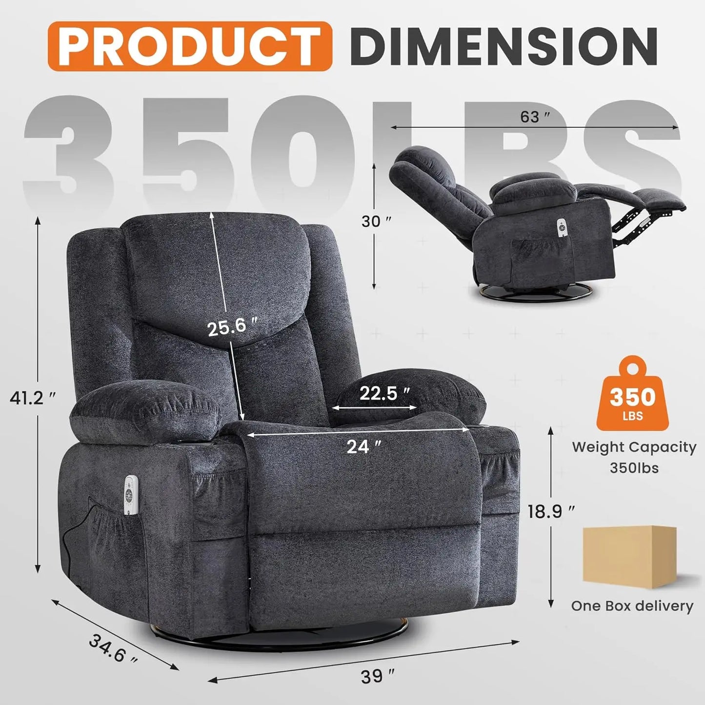 Swivel Recliner Chair w/ Massage & Heat, Rocker, Side Pocket & 2 Cup Holders