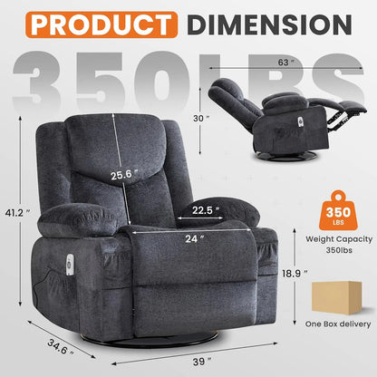 Swivel Recliner Chair w/ Massage & Heat, Rocker, Side Pocket & 2 Cup Holders