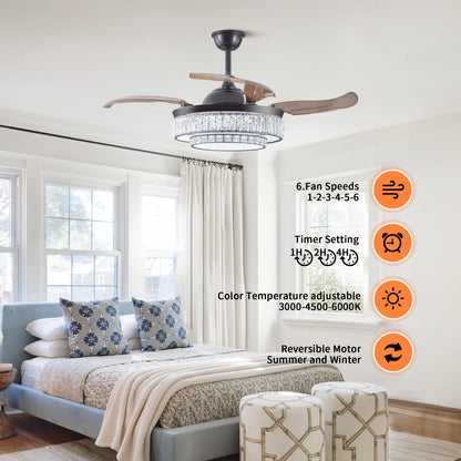 Luxurious Crystal Ceiling Fan Light,  Remote Control Folding Fan Light with Timer Function, Adjustable Color Lighting