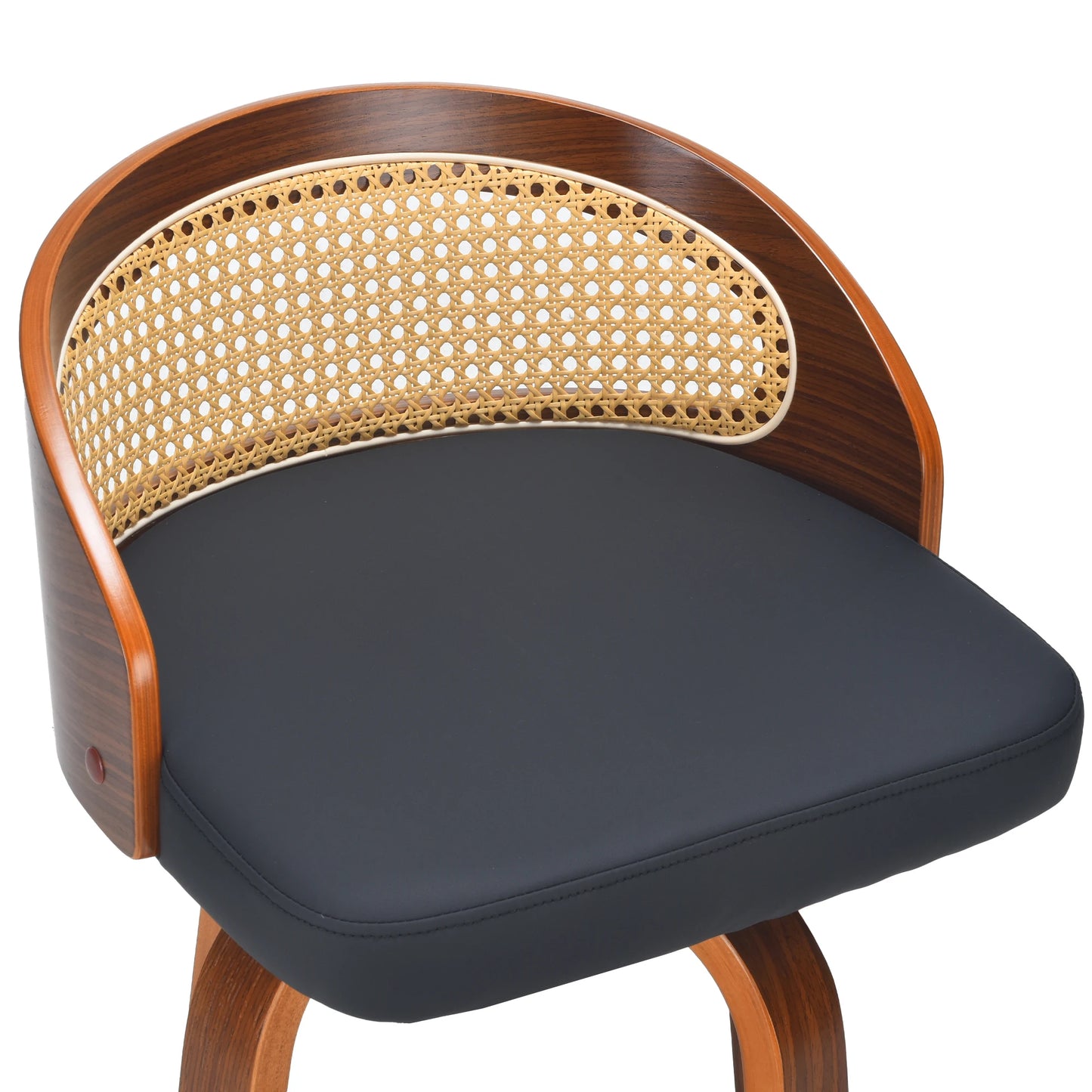 Set of 2 Swivel Bar Stools, Modern Wood Frame with Rattan Back, PU Leather Seat for Kitchen Counter, Bar Table