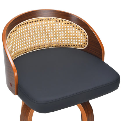 Set of 2 Swivel Bar Stools, Modern Wood Frame with Rattan Back, PU Leather Seat for Kitchen Counter, Bar Table