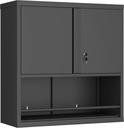 31" H Metal Garage Storage Cabinet, Black | Doors and Shelves, Lockable with Lock, Wall Mount, Hanging Cabinet, For Utility Room