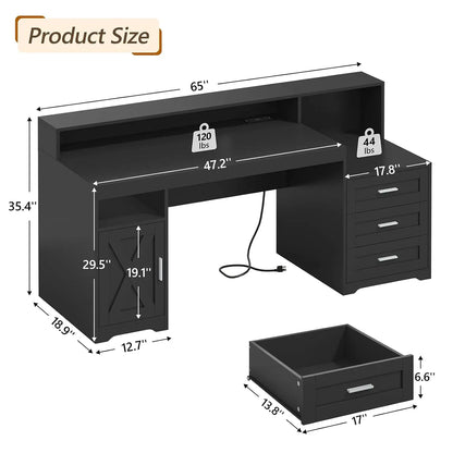 65'' Home Office Desk with Power Outlets, Storage Cabinet and Printer Stand