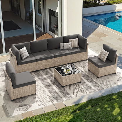 7-Piece Patio Furniture Set, Outdoor Rattan Sectional Sofa with Tempered Glass Table, All-Weather, for Garden, Porch, Backyard