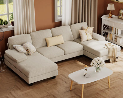 U-Shaped Sofa Couch with Linen Fabric, 4 Seat Sofa Set with Double Chaise