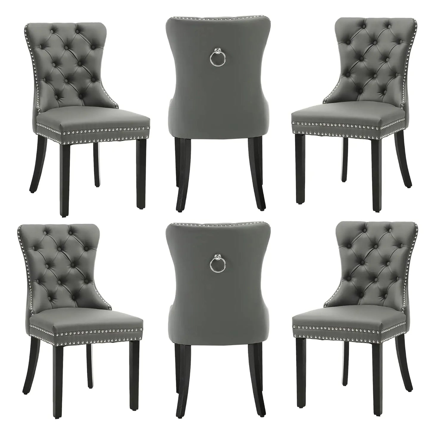 Leather Dining Chairs with Solid Wood Legs and Pull Ring, Luxury, Customized Set of 6