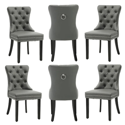 Leather Dining Chairs with Solid Wood Legs and Pull Ring, Luxury, Customized Set of 6